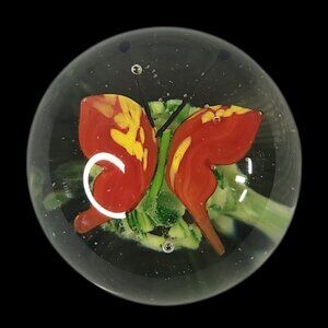 Paper Weight Butterfly Over Garden Glass Multicolor Red Orange Yellow VNTG READ